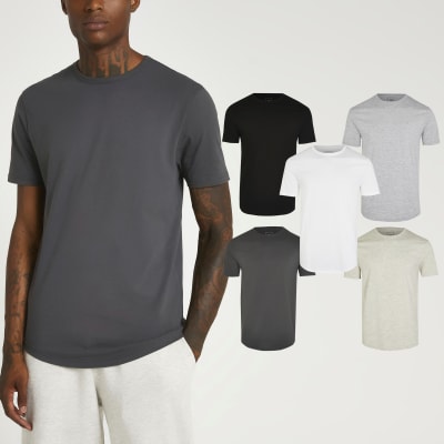 Grey multipack slim double curve hem t-shirts | River Island