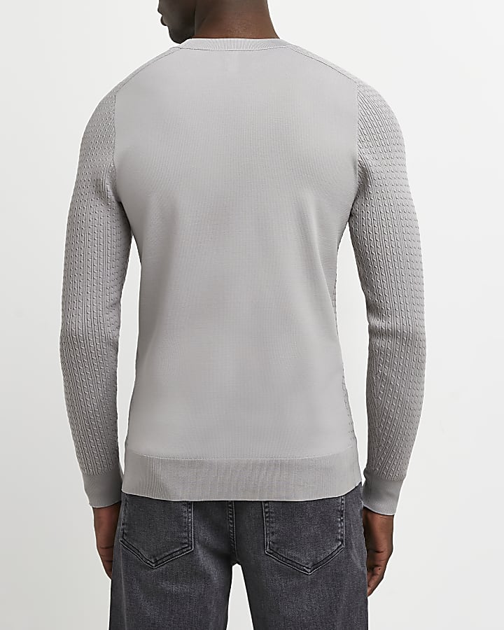 Grey muscle fit cable knit jumper