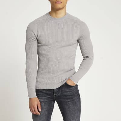 Grey muscle fit cable knit jumper | River Island