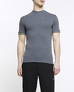 Grey muscle fit geometric trim t-shirt