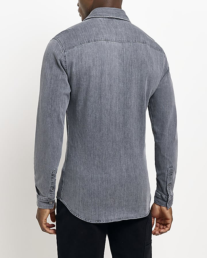Grey Muscle fit long sleeve Denim Shirt