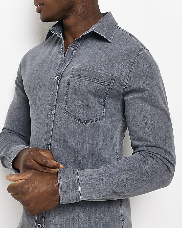 Grey Muscle fit long sleeve Denim Shirt