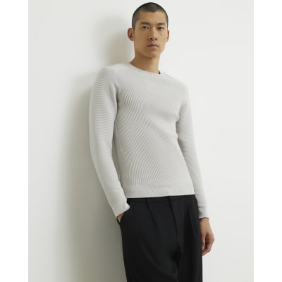 Grey Muscle Fit Long Sleeve Jumper