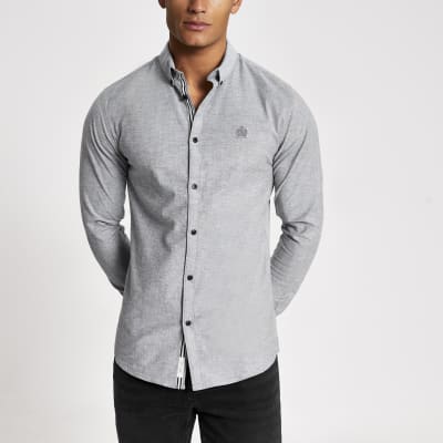 Grey muscle fit long sleeve Oxford shirt | River Island