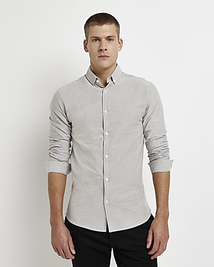 Grey Muscle fit long sleeve Oxford shirt