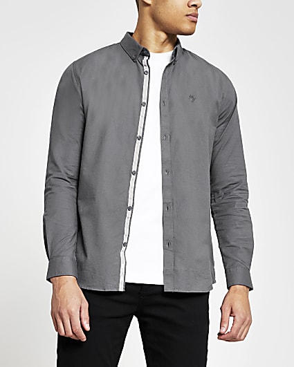 Grey muscle fit long sleeve oxford shirt
