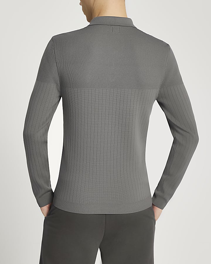 Grey muscle fit long sleeve polo shirt