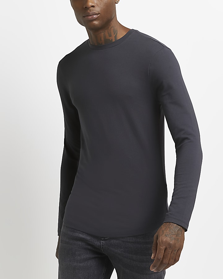 Grey muscle fit long sleeve t-shirt