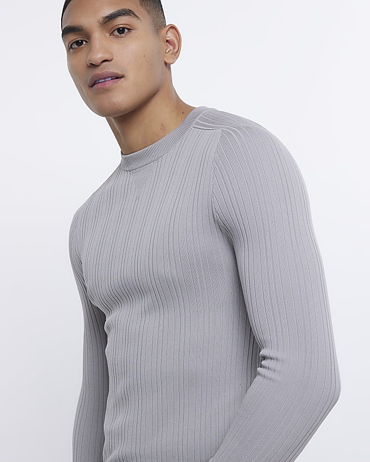 Grey Muscle fit Ribbed crew neck jumper