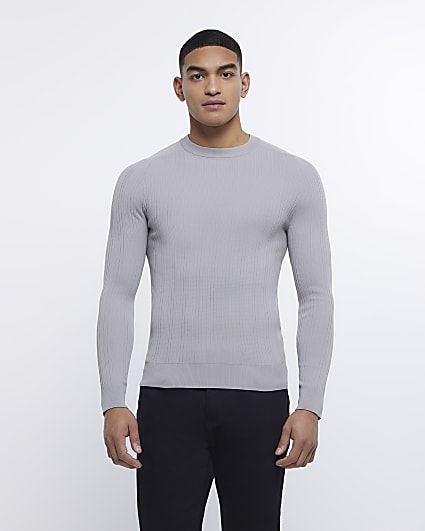 Grey Muscle fit Ribbed jumper