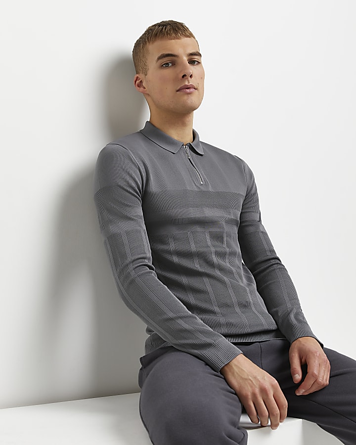 Grey muscle fit ribbed long sleeve polo shirt