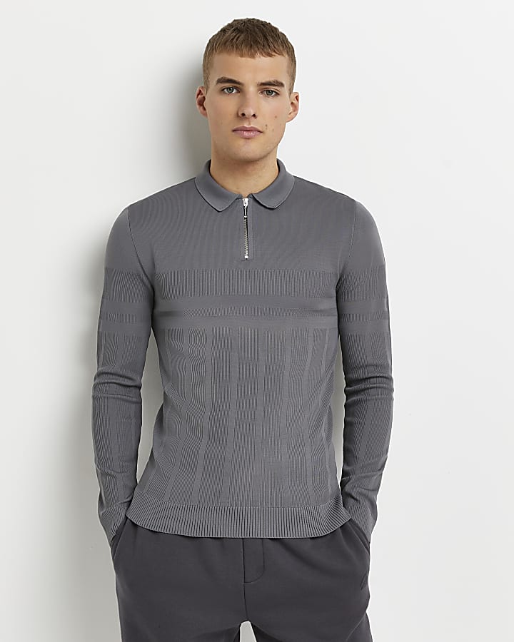 Grey muscle fit ribbed long sleeve polo shirt