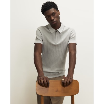 Grey Muscle Fit Ribbed Quarter Zip Polo Shirt
