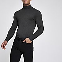 Grey muscle fit roll neck T-shirt