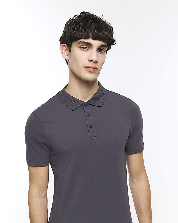 Grey muscle fit short sleeve polo shirt