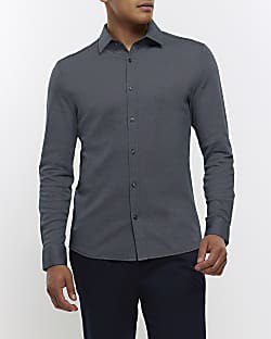Grey muscle fit stretch long sleeve shirt