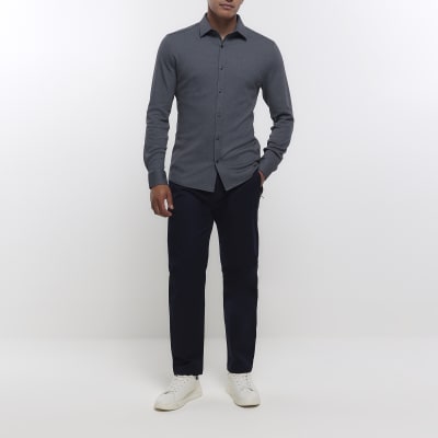 Grey muscle fit stretch long sleeve shirt | River Island