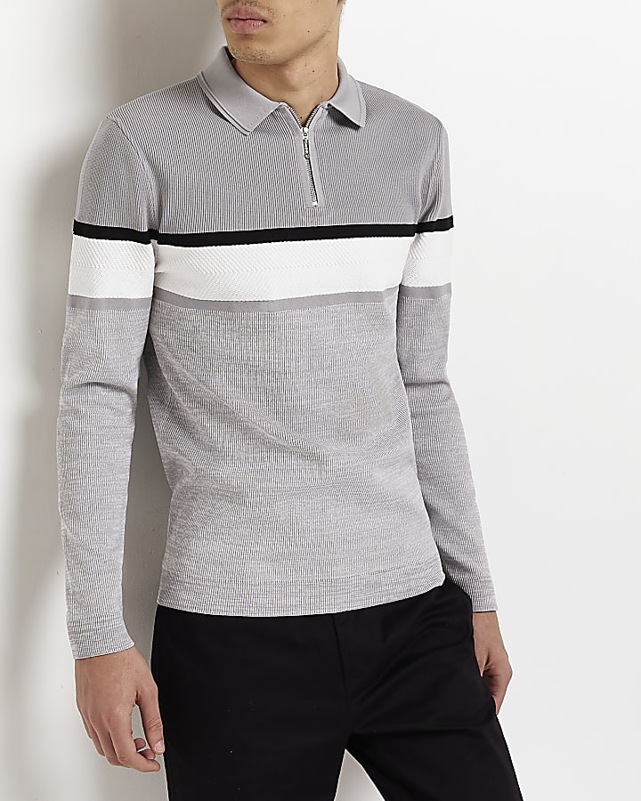 Grey Muscle fit stripe Knitted polo shirt