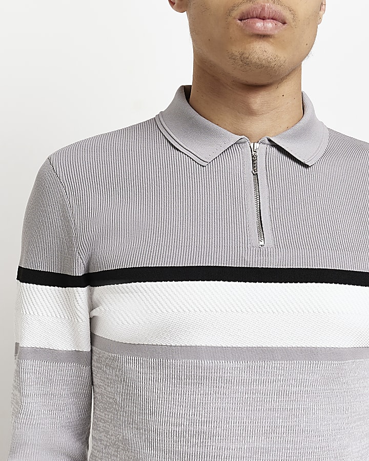 Grey Muscle fit stripe Knitted polo shirt