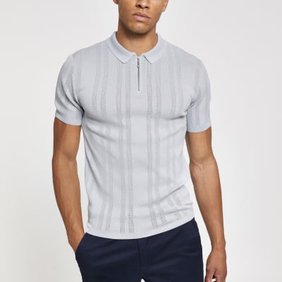 Grey muscle fit textured half zip polo shirt River Island