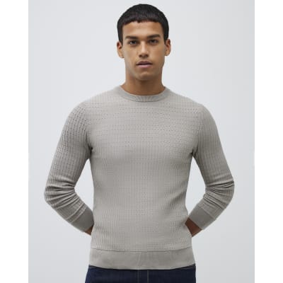 Grey Muscle Fit Textured Knit Crew Jumper