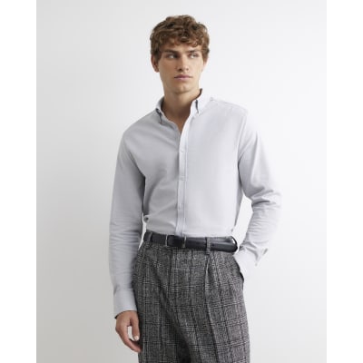 Grey Muscle Fit Textured Long Sleeve Shirt
