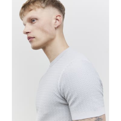 Grey Muscle Fit Zig Zag Textured T-Shirt