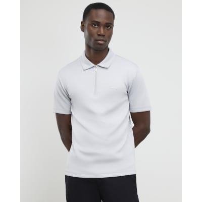 Grey Muscle Fit Zip Polo Shirt