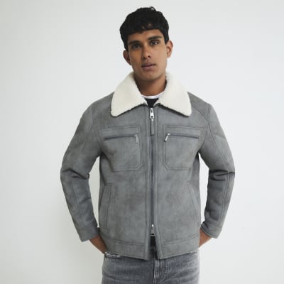 Grey Nubuck Zip Shearling Western Jacket