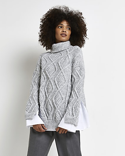 Grey oversized cable knit shirt jumper