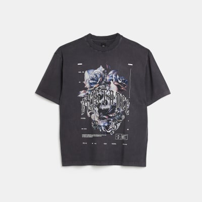 Grey oversized fit floral skull t-shirt