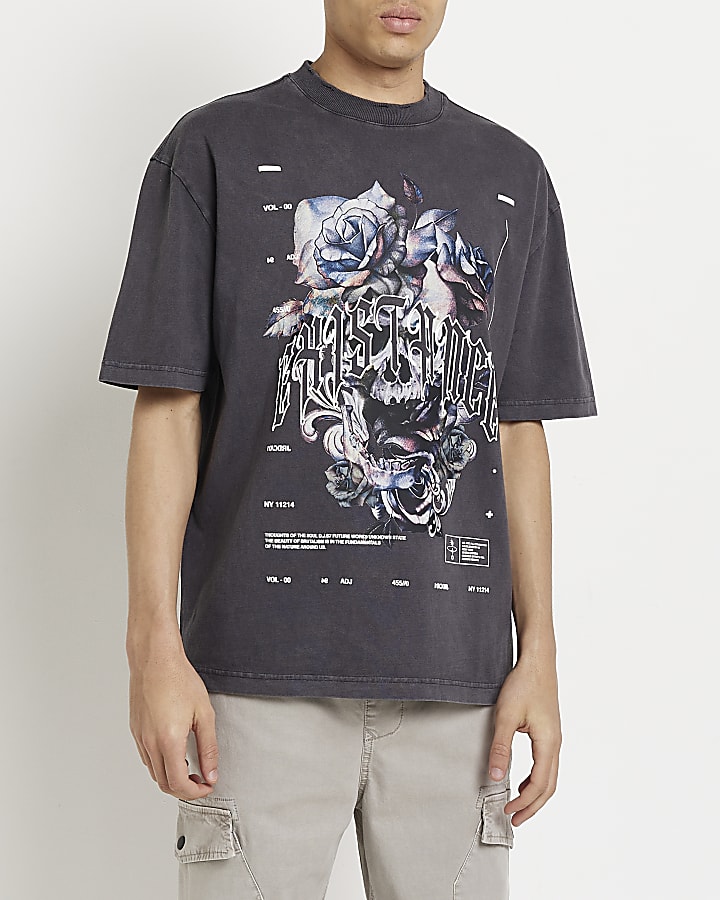Grey oversized fit floral skull t-shirt