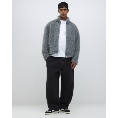 Grey Oversized Fit Fuzzy Zip Sweatshirt