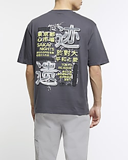 Grey oversized fit Japanese graphic t-shirt