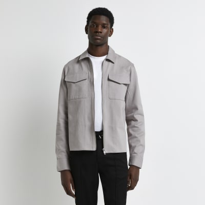 Grey oversized fit twill pocket shacket