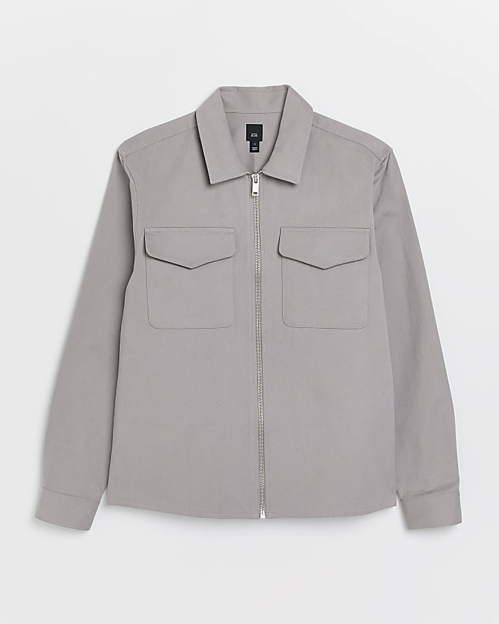 Grey oversized fit twill pocket shacket