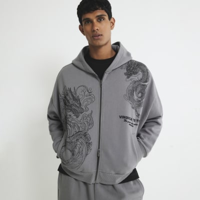 Grey Oversized Fit Zip Through Dragon Hoodie