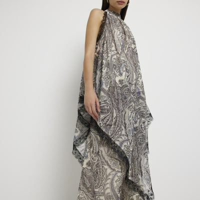 Grey paisley longline halter neck top River Island
