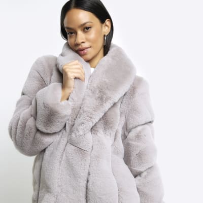 Grey panelled faux fur coat