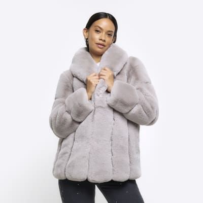 Grey panelled faux fur coat River Island