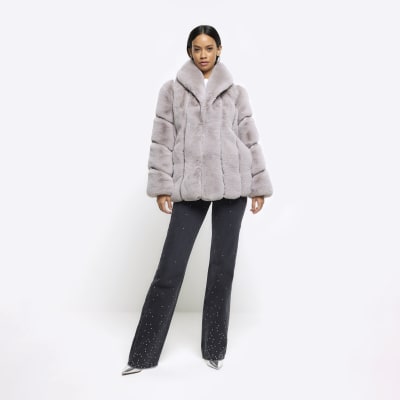 Grey panelled faux fur coat | River Island