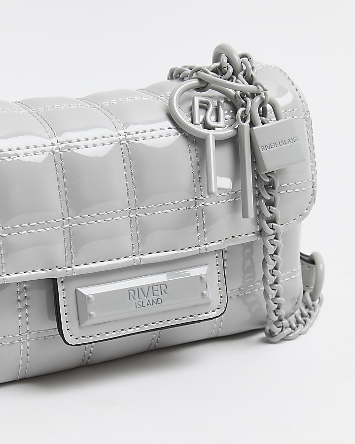 Grey patent quilted mini shoulder bag