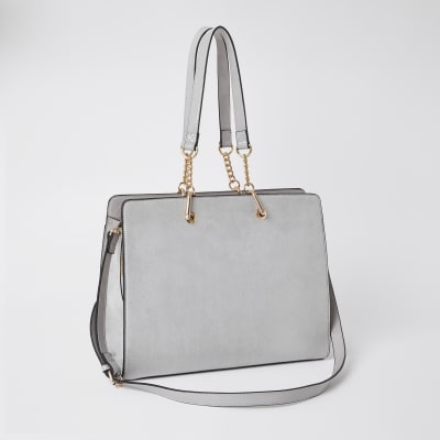 Grey patent RI embossed chain tote handbag