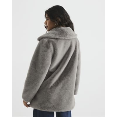Grey Petite Faux Fur Button Up Midi Coat | River Island