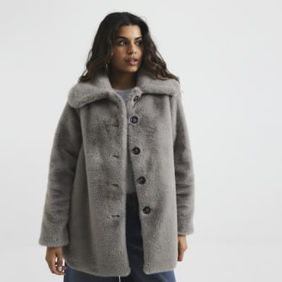 Grey Petite Faux Fur Button Up Midi Coat