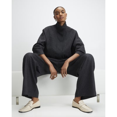 Grey Pinstripe Funnel Neck Bomber Jacket