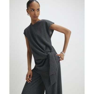 Grey Pinstripe Short Sleeve Tie Detail Top