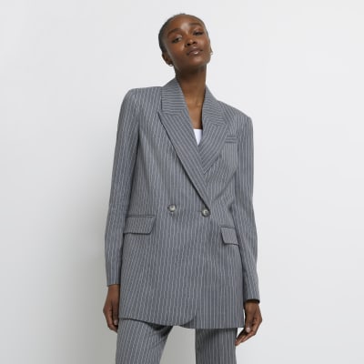 Grey pinstriped double breasted blazer | River Island