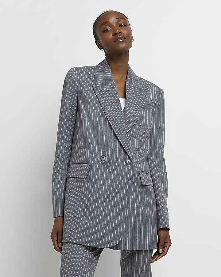 Grey pinstriped double breasted blazer