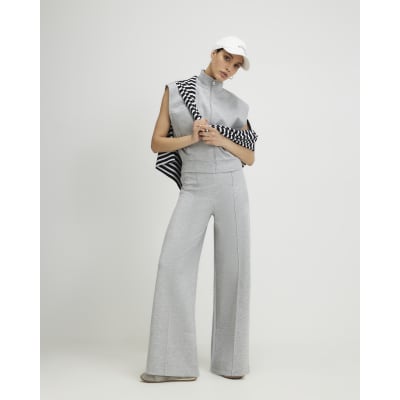 Grey Pintuck Interlock Wide Leg Joggers